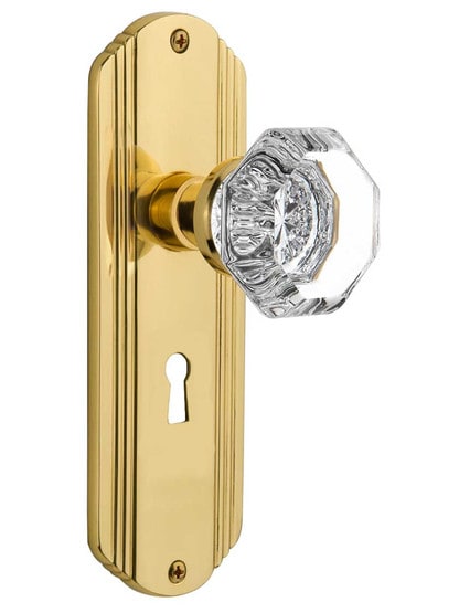 Streamline Deco Door Set With Waldorf Crystal Glass Door Knobs in Un-Lacquered Brass .